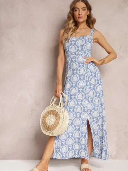 Rochie maxi din cu imprimeu floral și bretele subțiri Janitza albastră