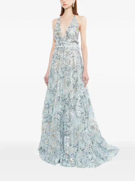 Rochie maxi Saiid Kobeisy cu broderie lungă de costum albastru