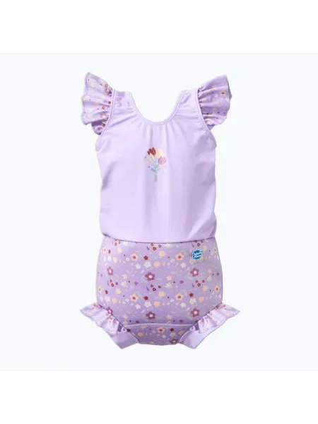 Gyermek egyrészes fürdőruha pelenkával Splash About Happy Nappy Frills epres mezőn. Méret: M lila