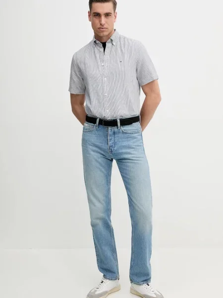 Tommy Hilfiger koszula z domieszką lnu regular z kołnierzykiem button-down niebieski