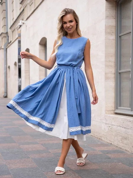 ISSA Plus Сукня міді Льон блакитний