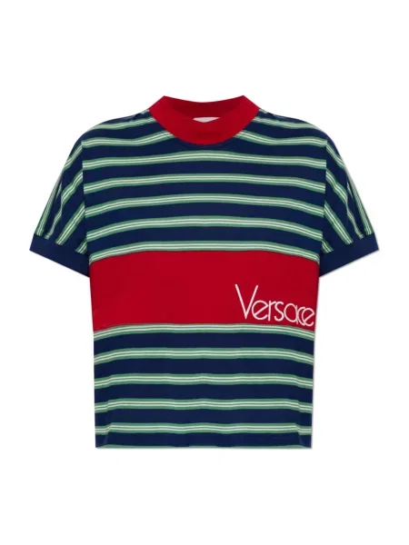 Haftowana koszulka Versace w paski niebieska
