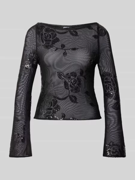 Bluzka o kroju slim fit z długim rękawem i kwiatowym cekinowym obszyciem Gina Tricot czarna
