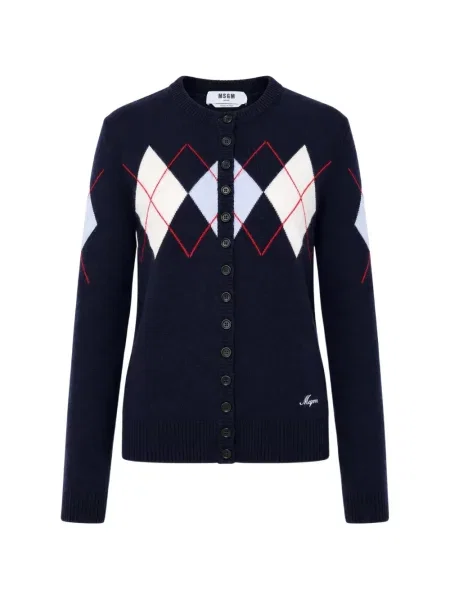 Cardigan Msgm cu model argyle cu decolteu rotund albastru