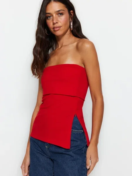 Dzianinowa kołnierzykowy bluzka Trendyol bez ramiączek czerwona