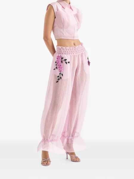 Pantaloni Genny cu model floral cu volane roz