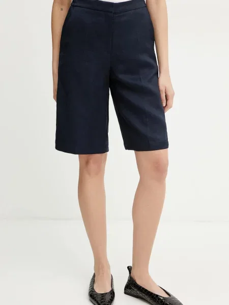 BOSS pantaloni scurți din amestec de in femei marin neted high waist albastru