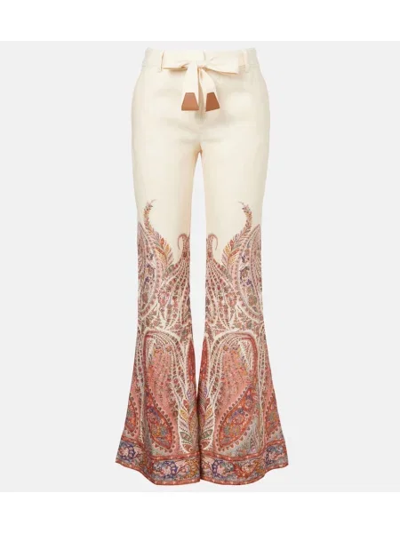Lniane spodnie Zimmermann z wzorem paisley dzwony białe