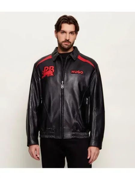 HUGO Geacă de piele bomber Lugor | Hugo x Racing Bulls | Relaxed fit negru