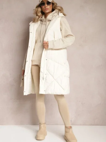 Vestă deschis matlasată lungă cu glugă nedetașabilă Naiarres bej