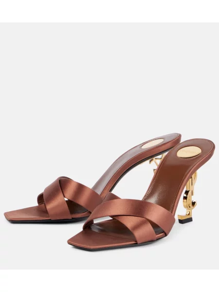 Papuci tip mules Saint Laurent din satin maro