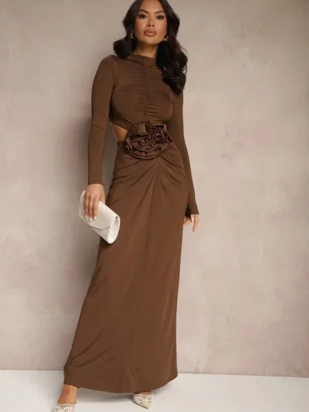 Koktajlowa Sukienka z Wiskozą Ozdobiona Kwiatem 3D i Wycięciami Hannith brązowa