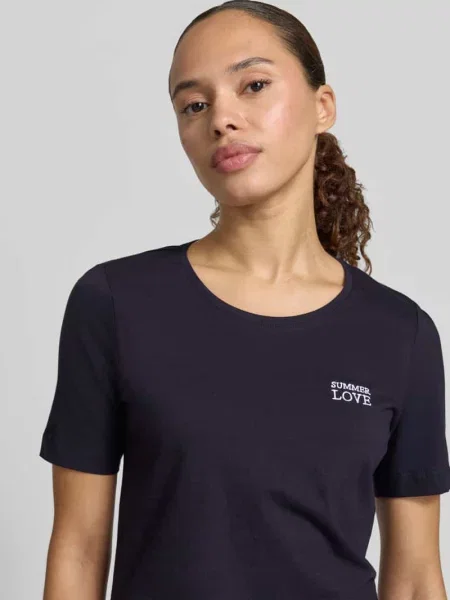 T-shirt z wyhaftowanym napisem i okrągłym dekoltem Christian Berg Woman granatowa