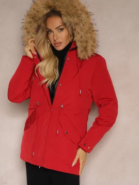 Kurtka Parka Mocno Ocieplana z Futerkiem przy Kapturze z Możliwością Odpięcia Sialthira bordowa