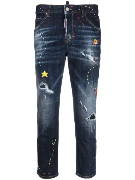 Haftowane jeansy Dsquared2 o krotszym kroju niebieskie
