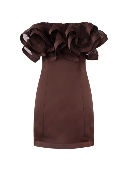 Rochie mini Elisabetta Franchi cu volane fără bretele de costum maro
