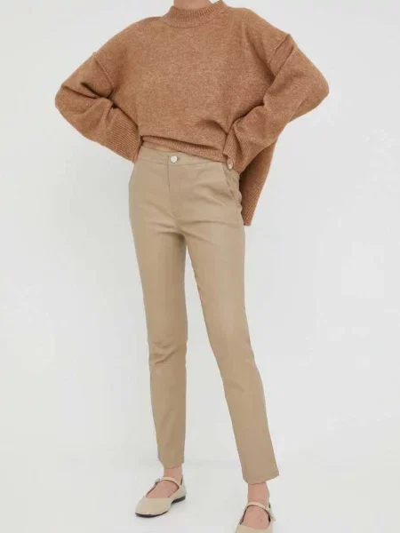 Pantaloni de piele femei drept high waist bej