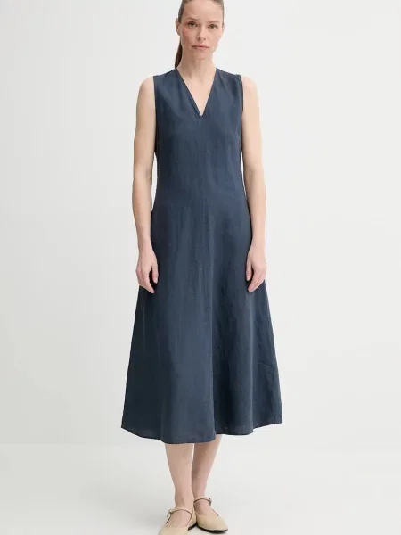 Sukienka lniana rozkloszowana z wpuszczanymi Marc O'polo granatowa