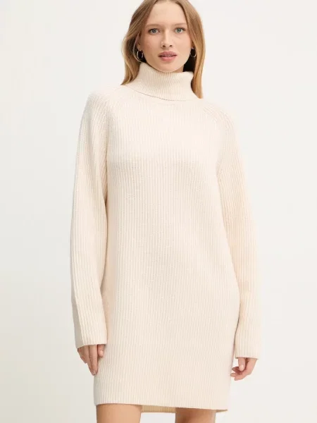 BOSS sukienka wełniana mini oversize beżowy