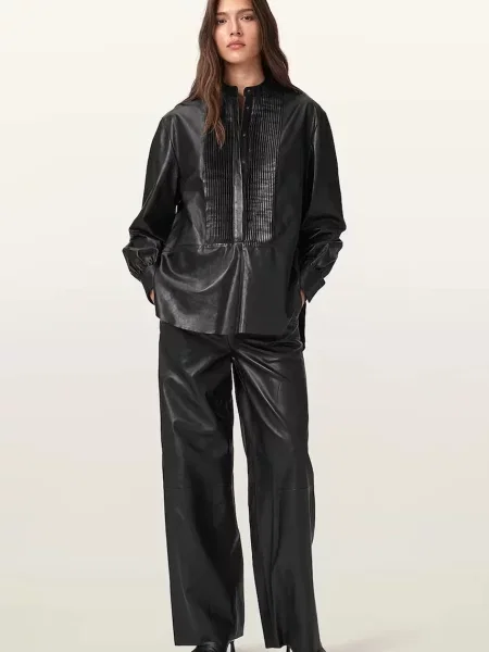 AllSaints pantaloni de piele ASH lat high waist negru