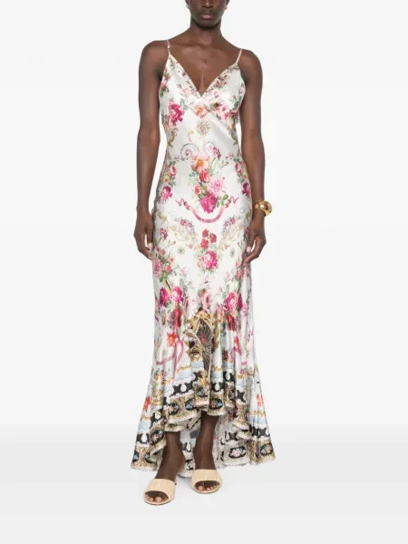 Rochie Camilla cu model floral cu imagine asimetrică alb
