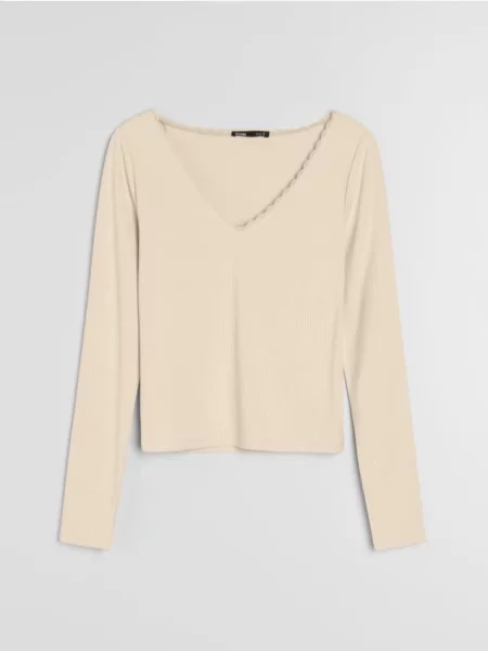 Блуза з довгими рукавами і мереживом на декольте жовтий