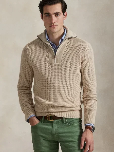 Вълнен пуловер Polo Ralph Lauren мъжки от топла материя с ниско поло бежово