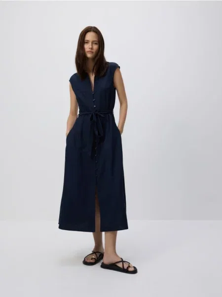 Reserved Міді-сукня з домішкою льону темно-синій синя