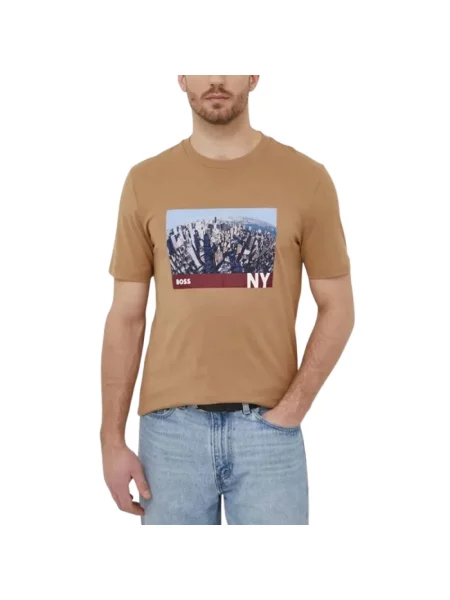 BOSS t-shirt beżowy z nadrukiem brązowa