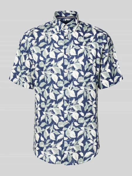 Koszula casual z lnu z kołnierzykiem button-down w kroju regular fit Christian Berg Men granatowa