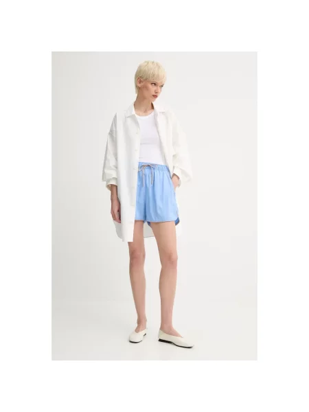 MUNTHE szorty z domieszką lnu UPPI wzorzyste high waist niebieski
