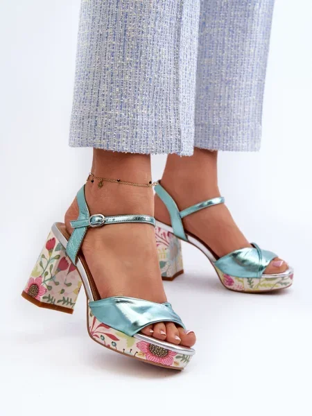 Sandale Kesi cu model floral cu toc înalt albastru