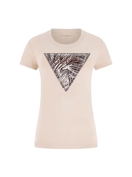 GUESS Tricou alb kitt / maro / negru bej