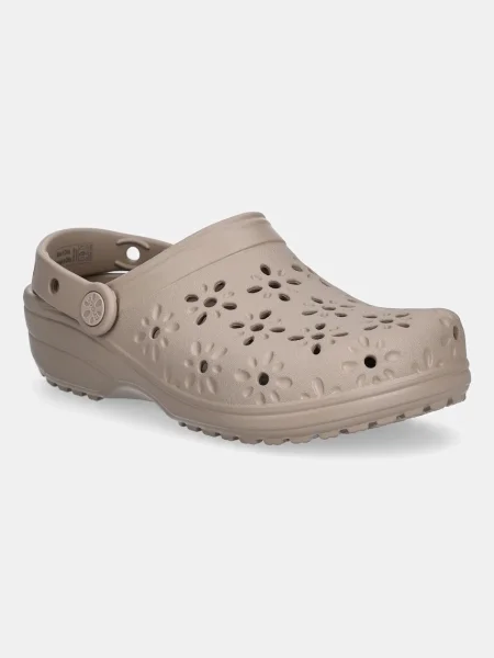 Pantofle Crocs Classic Floral Cut Out Clog na klínku hnědá