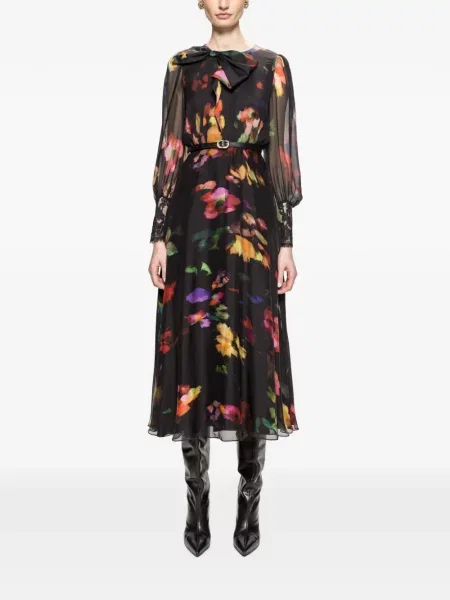 Rochie midi Nissa cu funde de mătase cu model floral negru