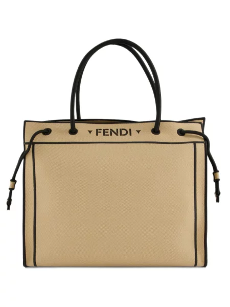 Geantă shopper Fendi cu broderie din canvas bej