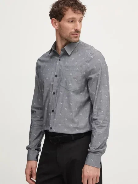 Риза Guess COLLINS мъжка с кройка по тялото с класическа яка сиво