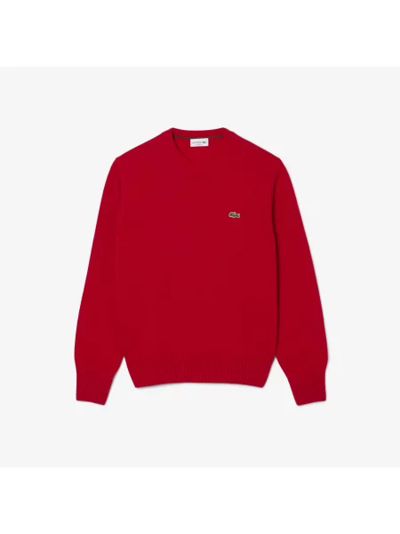 Lacoste Sweter Z Okrągłym Dekoltem Z Wełny Zgrzebnej czerwony