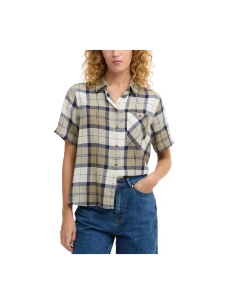Lniana koszula z krótkim rękawem Barbour w kratę z krótkim rękawem beżowa