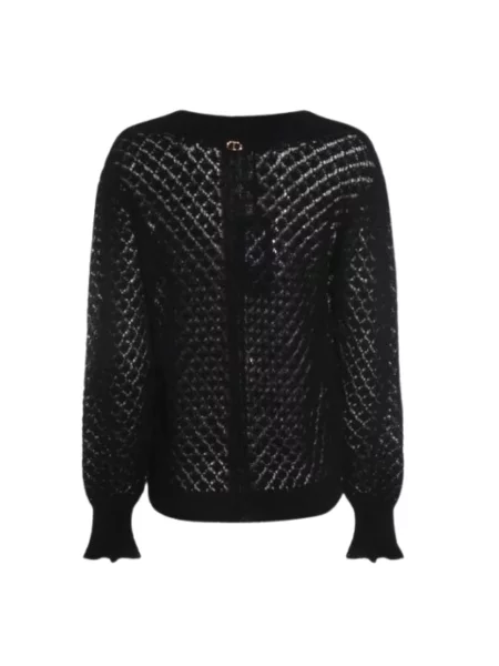 Sweter Twinset wełniany z falbankami z okrągłym dekoltem czarny