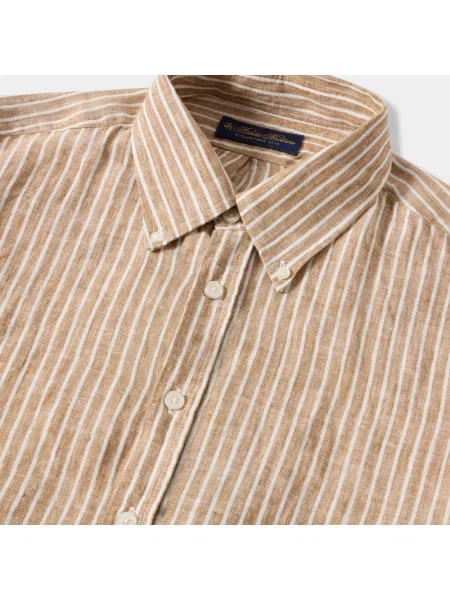 Lniana koszula Brooks Brothers w paski z paskiem brązowa