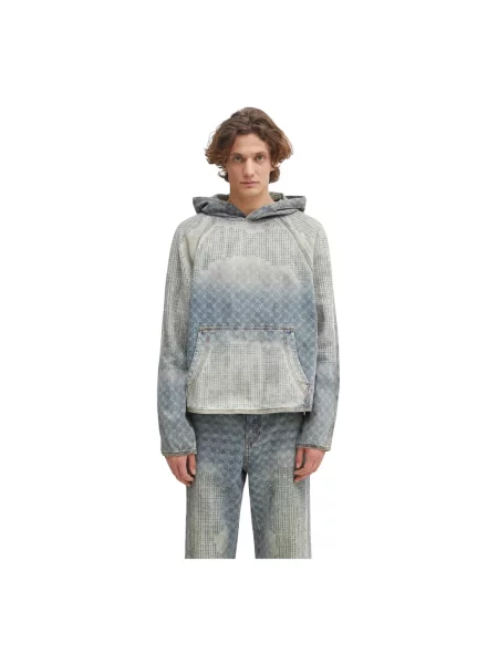 Daily Paper bluza jeansowa Destroyed Denim Hoodie z kapturem wzorzysta niebieski