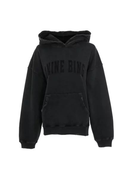Anine Bing bluza Harvey Sweatshirt szary z kapturem z nadrukiem czarna