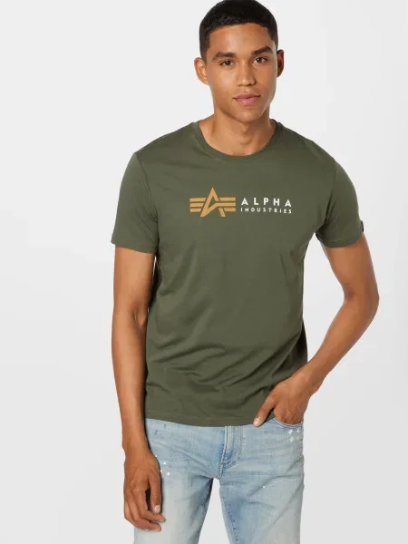 ALPHA INDUSTRIES Tričko tmavozelená / biela / zlatá žltá zelená