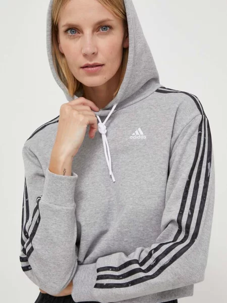Суичър с качулка Adidas с качулка с принт сиво