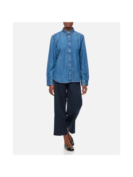 Bluzka Ralph Lauren z twillu z długim rękawem niebieska