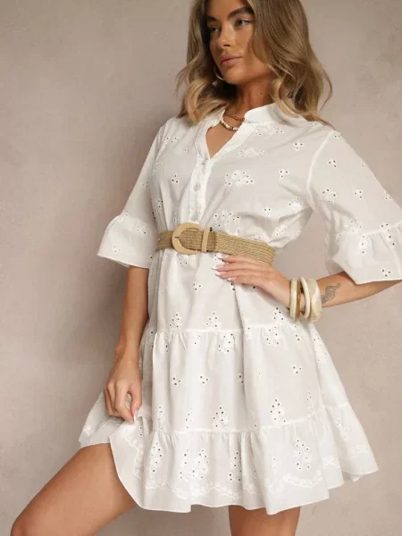 Rozkloszowana Sukienka Koszulowa z Bawełny Zdobiona Haftem i Falbanami Filarosa biała