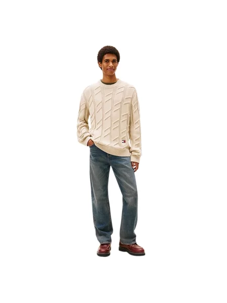 Sweter Tommy Jeans z okrągłym dekoltem ze sznurkiem beżowy