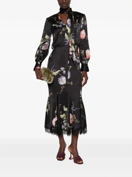 Rochie midi Self-portrait cu model floral cu imagine din dantelă negru