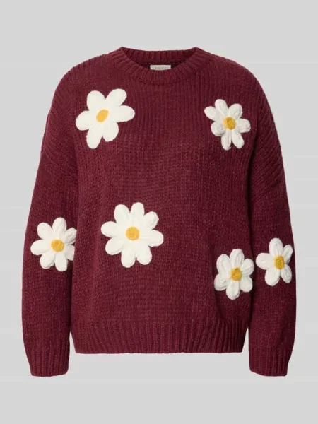 Sweter z dzianiny o kroju oversized z kwiatowymi haftami Apricot